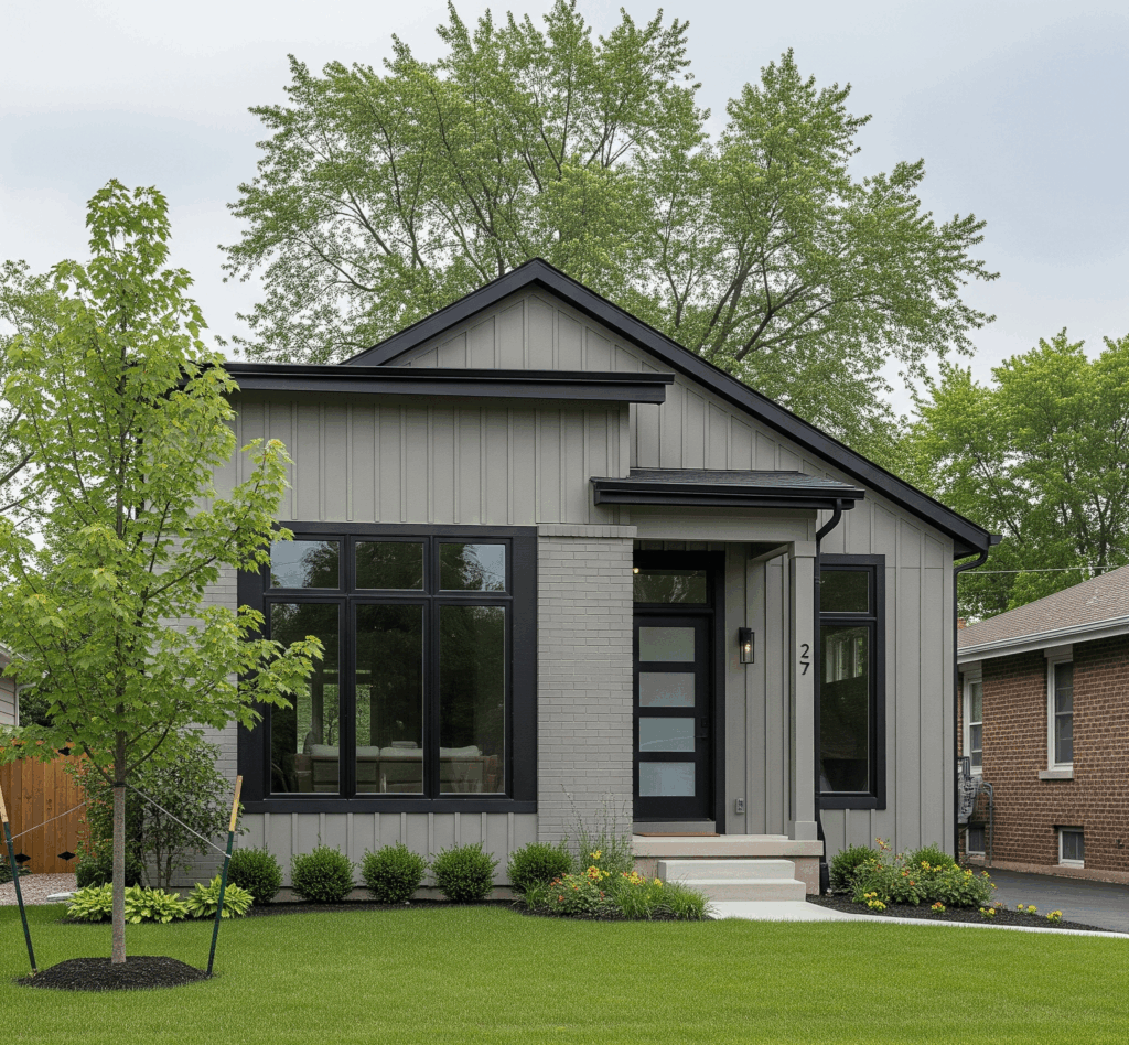 A small, modern house in Schaumburg, Chicago, featuring black-framed windows, a gray exterior with vertical siding and brick accents, and a neat green lawn by Midwest Windows