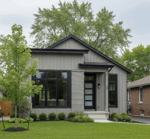 A small, modern house in Schaumburg, Chicago, featuring black-framed windows, a gray exterior with vertical siding and brick accents, and a neat green lawn by Midwest Windows