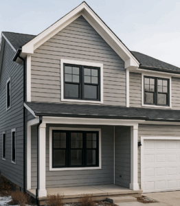 Chicago home exterior featuring black-framed windows and light stone siding by Midwest Windows, Siding & Doors Chicago.