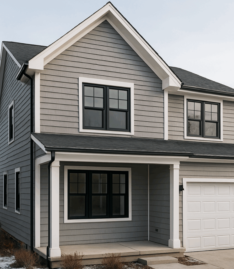 Chicago home exterior featuring black-framed windows and light stone siding by Midwest Windows, Siding & Doors Chicago.