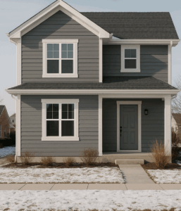 Chicago home with composite siding in gray tones, clean winter light, and subtle snow on lawn by Midwest Windows, Siding & Doors