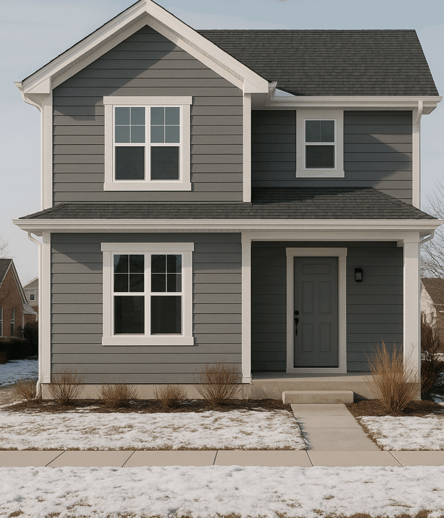 Chicago home with composite siding in gray tones, clean winter light, and subtle snow on lawn by Midwest Windows, Siding & Doors