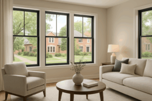 Modern Chicago living room with large custom windows overlooking neighborhood, soft daylight, neutral palette by Midwest Windows, Siding & Doors Chicago