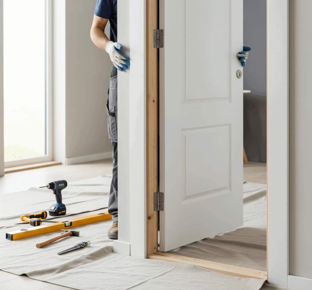 A man is shown from the waist down, installing a new white door in a doorway. Tools are laid out on a dropcloth on the floor, and a new white door frame is also visible.