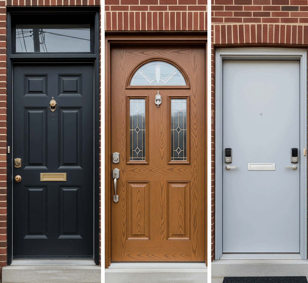 A triptych showing three residential front doors: a black steel door, a brown fiberglass door with decorative glass, and a gray door equipped with smart locks by Midwest Windows, Siding & Doors