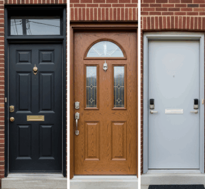 A triptych showing three residential front doors: a black steel door, a brown fiberglass door with decorative glass, and a gray door equipped with smart locks by Midwest Windows, Siding & Doors