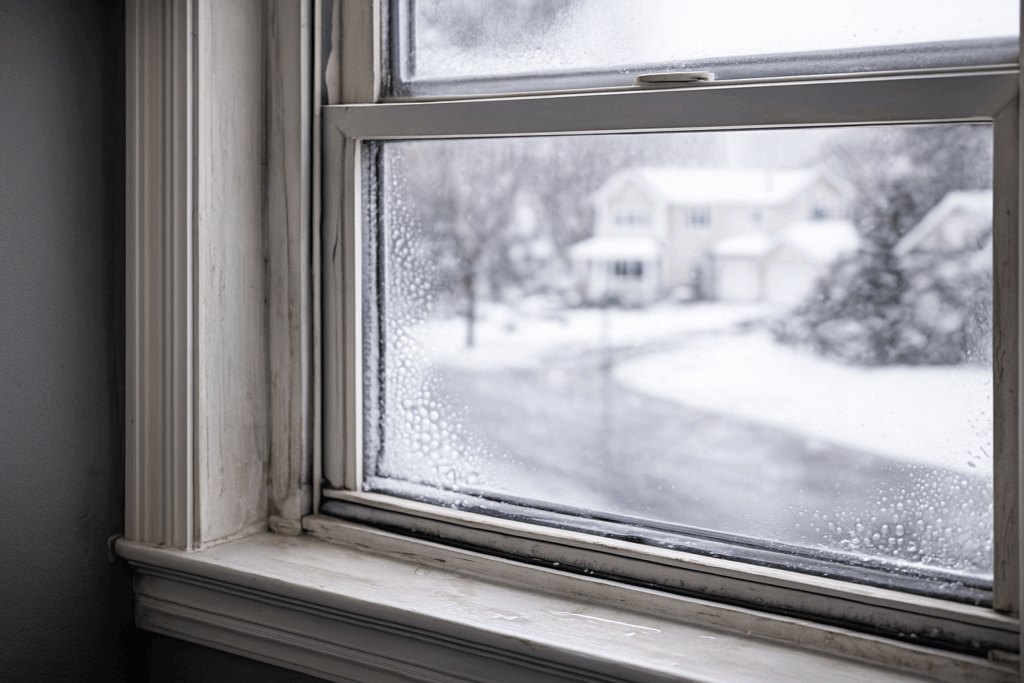 Aging window with condensation and failing seals indicating need for replacement by Midwest Windows, Siding & Doors
