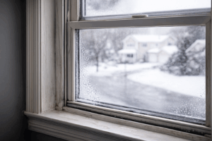 Aging window with condensation and failing seals indicating need for replacement by Midwest Windows, Siding & Doors