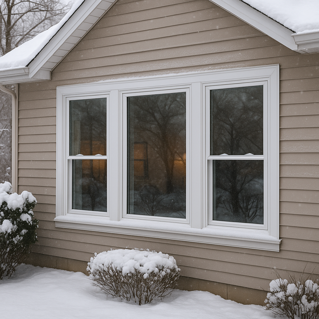 Energy-efficient double-hung windows with white frames on a suburban Chicago home in winter, surrounded by snow and glowing interior light by Midwest Windows, Siding & Doors
