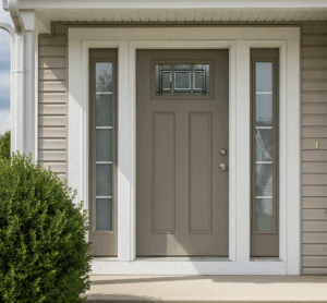 A neutral-colored fiberglass entry door on a Roselle, IL home by Midwest Windows, Siding & Doors