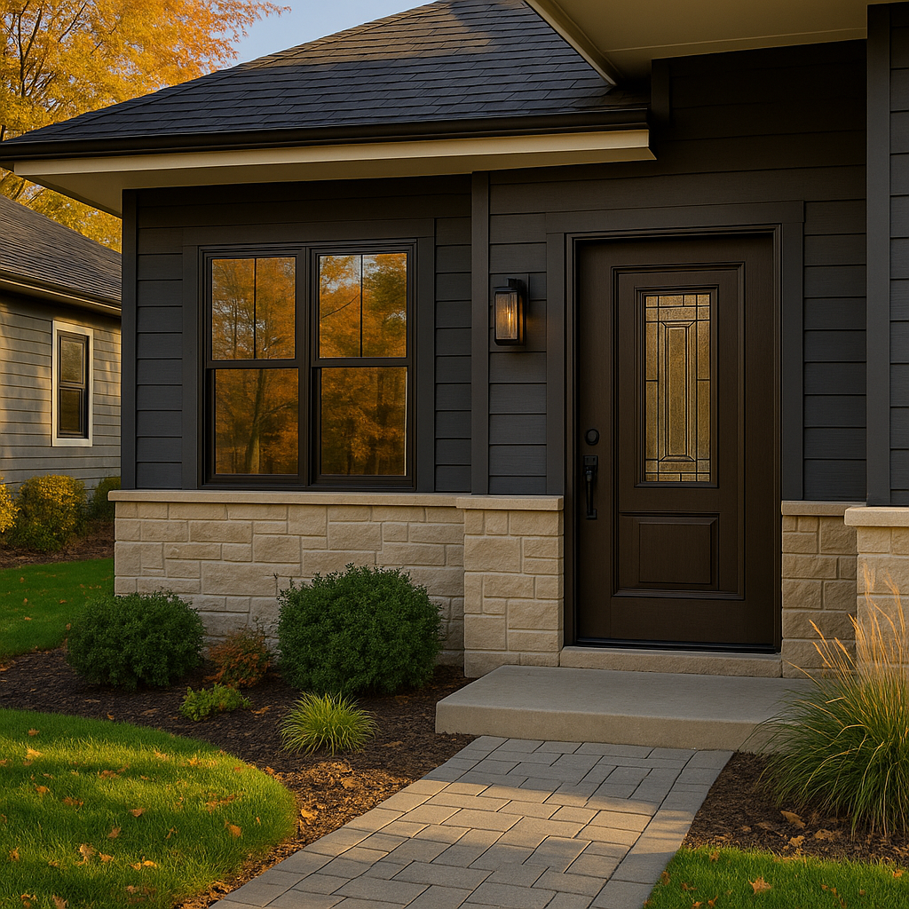 Modern fiberglass entry door on a suburban Chicago home exterior by Midwest Windows, Siding & Doors Chicago