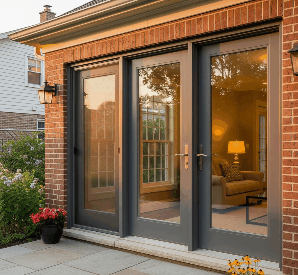 A stylish fiberglass patio door with dark trim on a brick house in Chicago by Midwest Windows, Siding & Doors