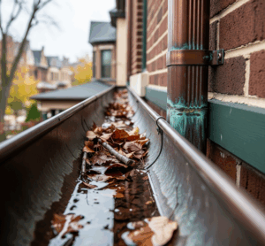 A close-up of a copper gutter on a brick Chicago home, filled with autumn leaves and a thin layer of water by Midwest Windows, Siding & Doors.