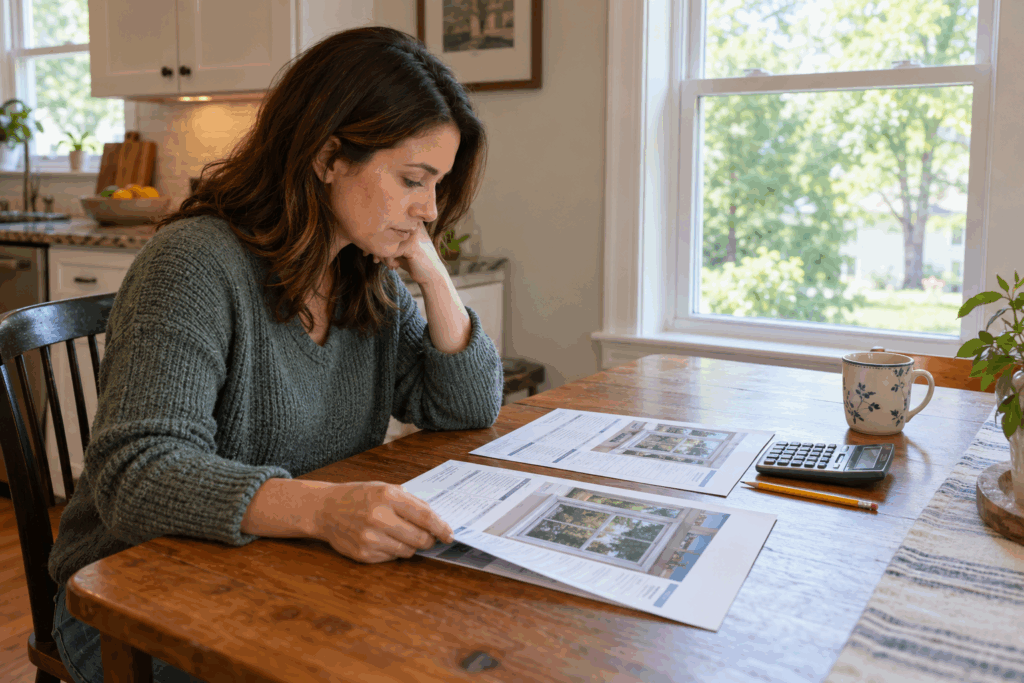 Homeowner comparing replacement window energy ratings and product specifications at a kitchen table.