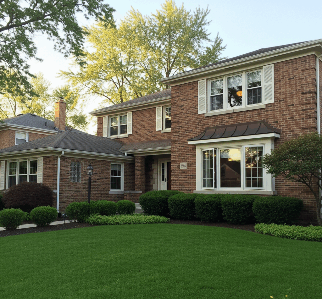 A two-story brick home in Hanover Park, Illinois, with a green lawn and casement windows by Midwest Windows, Siding & Doors
