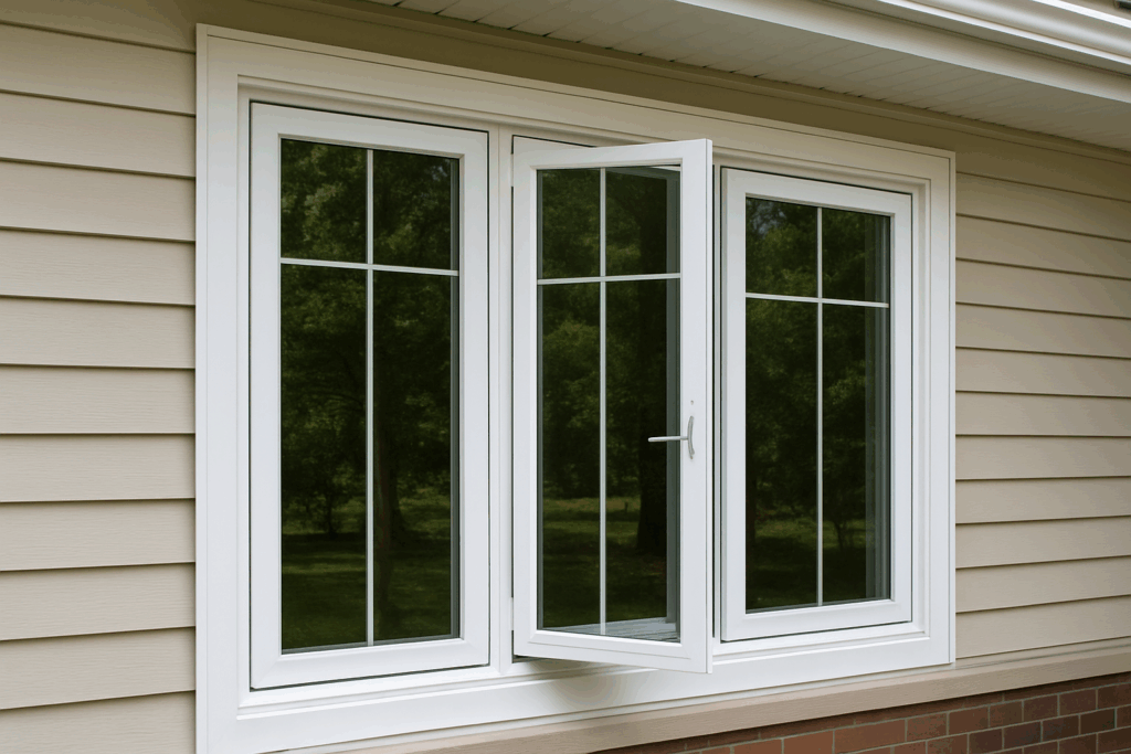 Close-up of white-framed casement windows on a suburban Hanover Park home, with one window partially opened outward.