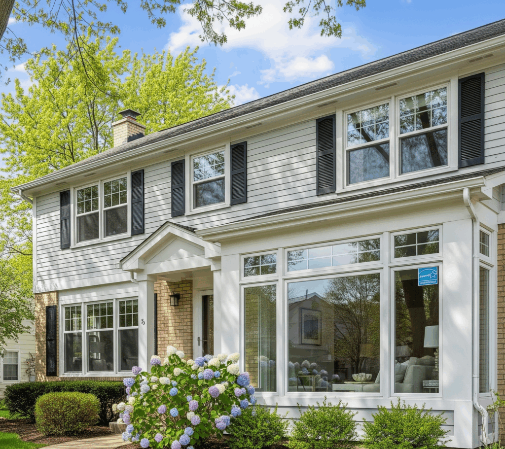 A two-story white house with large windows and a blooming hydrangea bush in the front yard in Schaumburg, IL by Midwest Windows, Siding & Doors