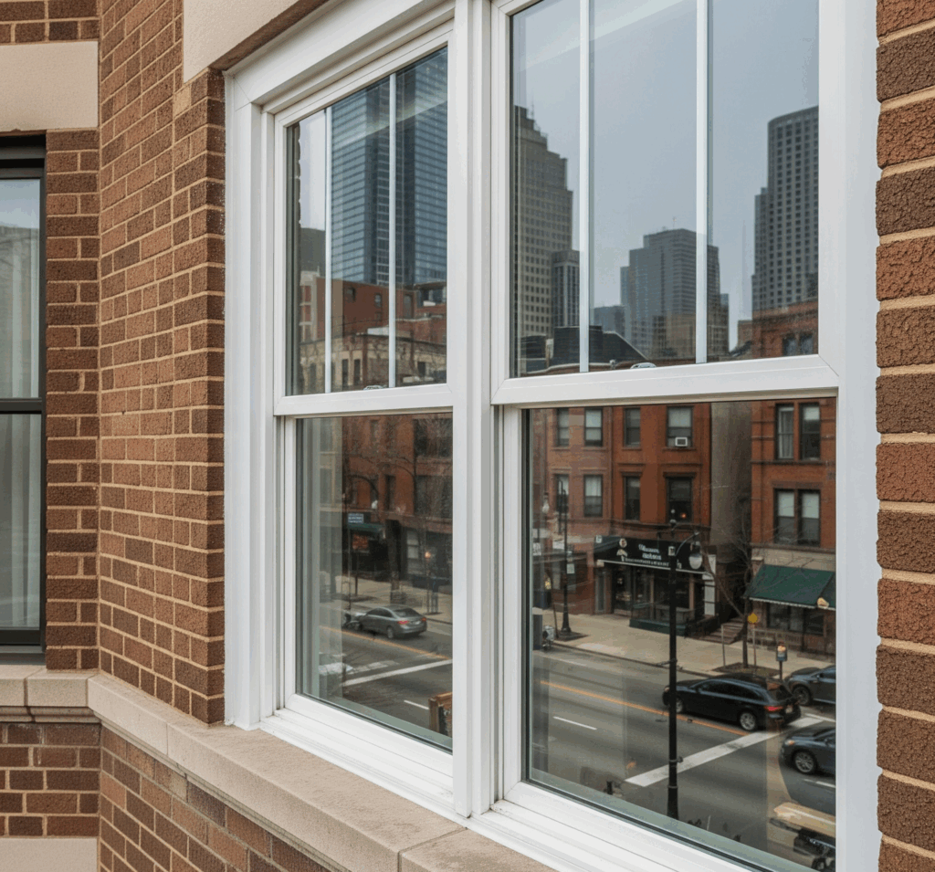 A double-pane, energy-efficient vinyl window with a white frame on a brick building, reflecting a city street by Midwest Windows, Siding & Doors