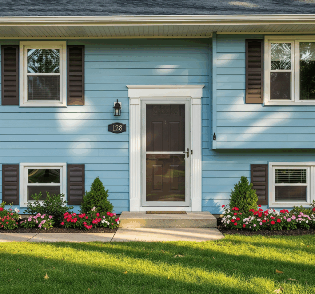 A suburban home with a security storm door, featuring a light blue exterior and a neatly trimmed lawn by Midwest Windows, Siding & Doors