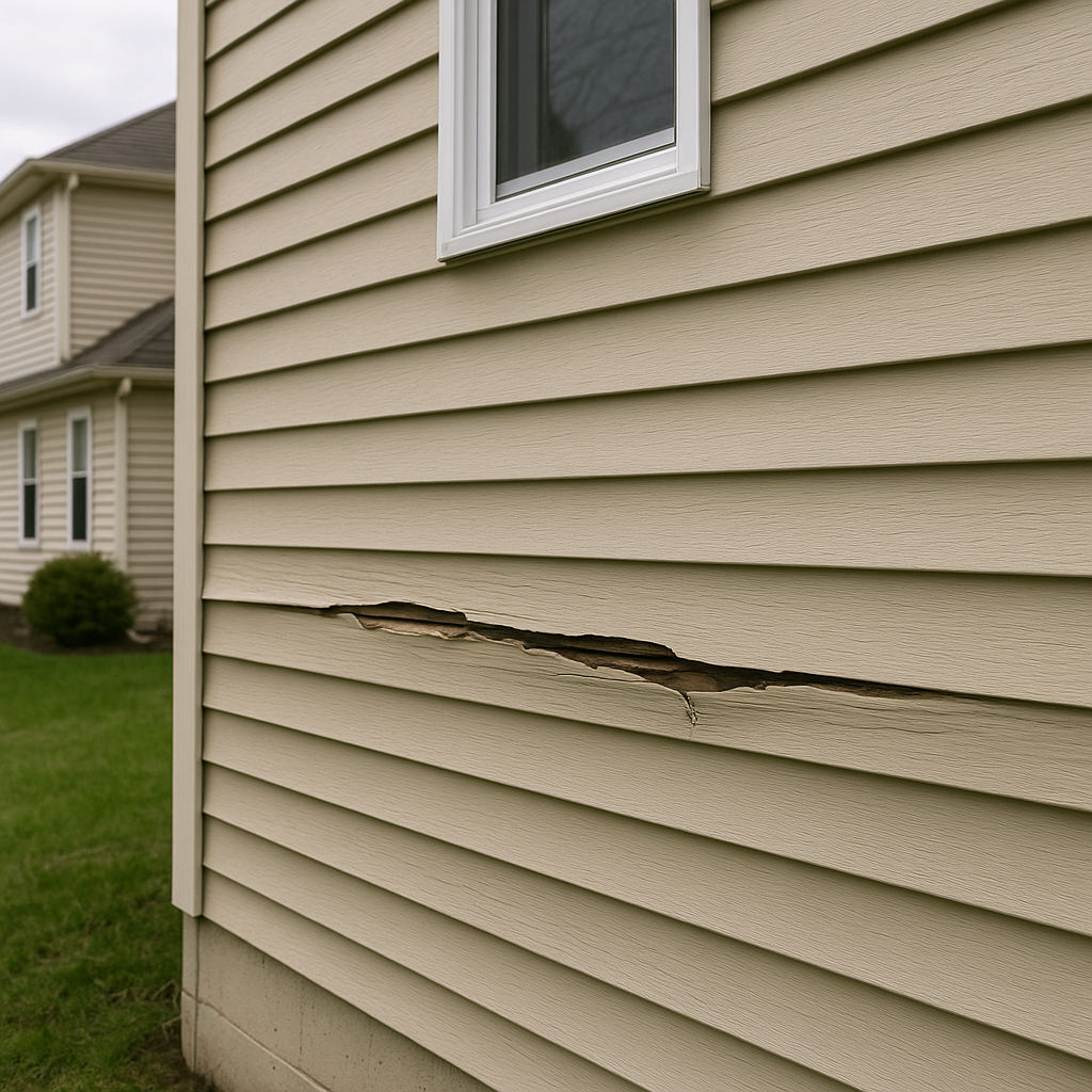 Close-up of beige vinyl siding on a suburban Chicago home with a large horizontal crack showing underlying damage.