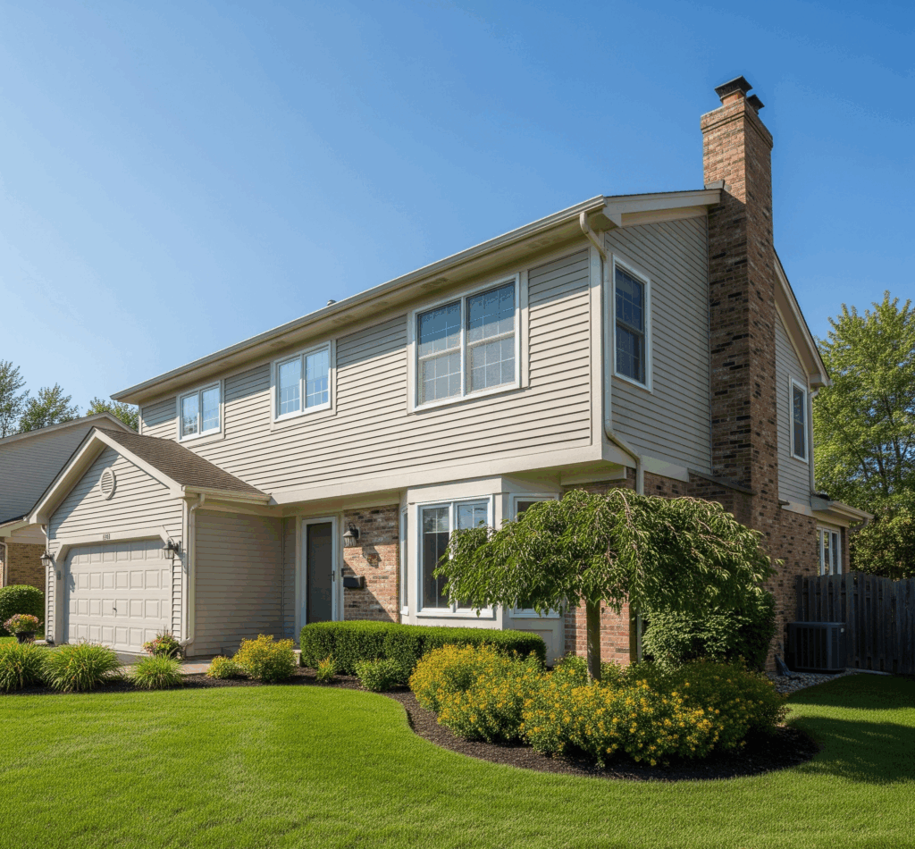 A beige suburban home in Schaumburg, IL, with a brick chimney by Midwest Windows, Siding & Doors