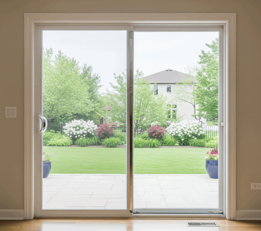 A large sliding patio door looking out onto a green backyard with a house in the distance in Schaumburg, IL by Midwest Windows, Siding & Doors