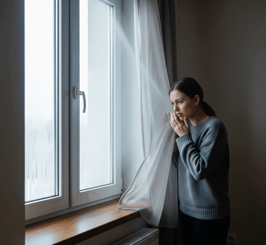 A woman in a gray sweater stands near a window with condensation, holding her hands to her mouth as if cold.