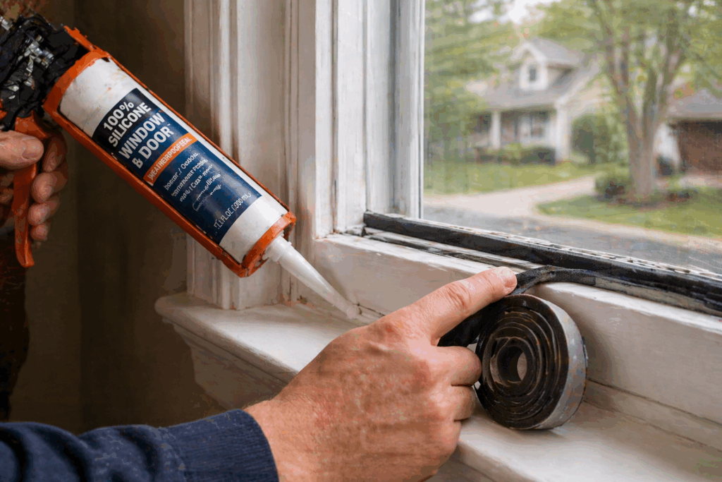 Applying caulk and weatherstripping to seal gaps around a window frame and prevent drafts in a residential home.