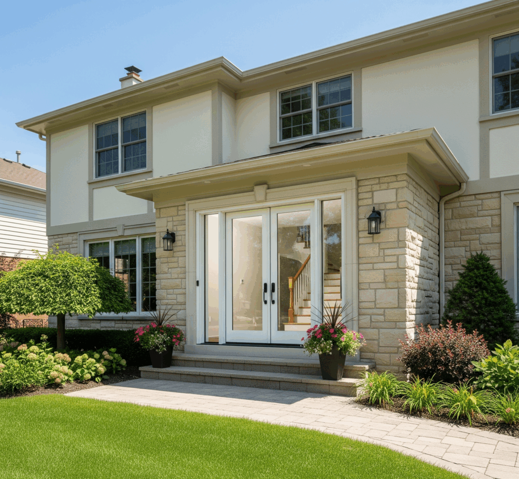 A grand home features a set of white fiberglass double doors with glass panels by Midwest Windows, Siding & Doors