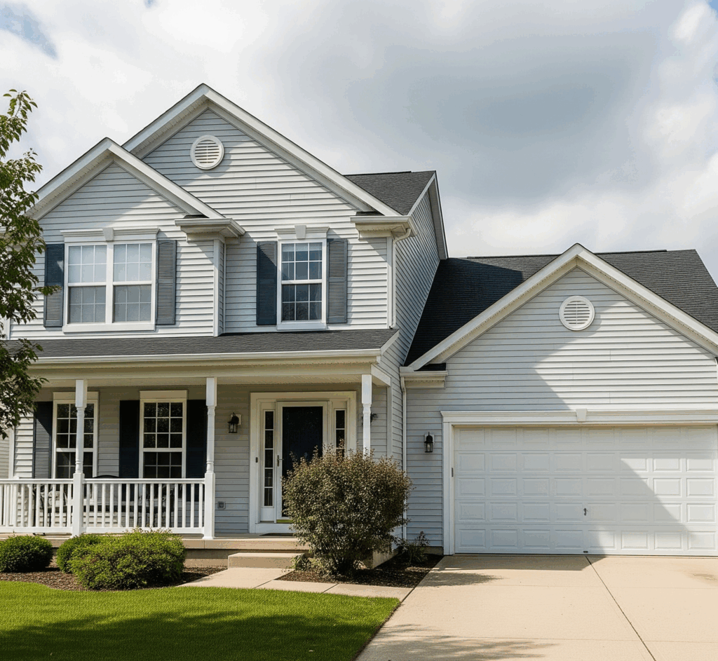 A light gray vinyl-sided house with a white porch and garage in Hanover Park, IL by Midwest Windows, Siding & Doors.