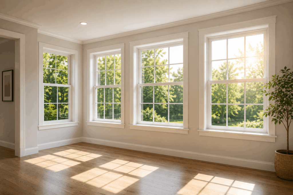 Bright room with multiple replacement windows allowing natural sunlight to fill the interior and illuminate the hardwood floors.