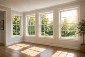 Bright room with multiple replacement windows allowing natural sunlight to fill the interior and illuminate the hardwood floors.