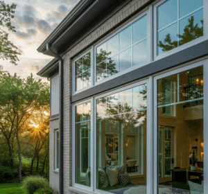 A two-story Naperville, IL home with large windows and a bay window. The home has a gray stone and white siding exterior by Midwest Windows, Siding & Doors
