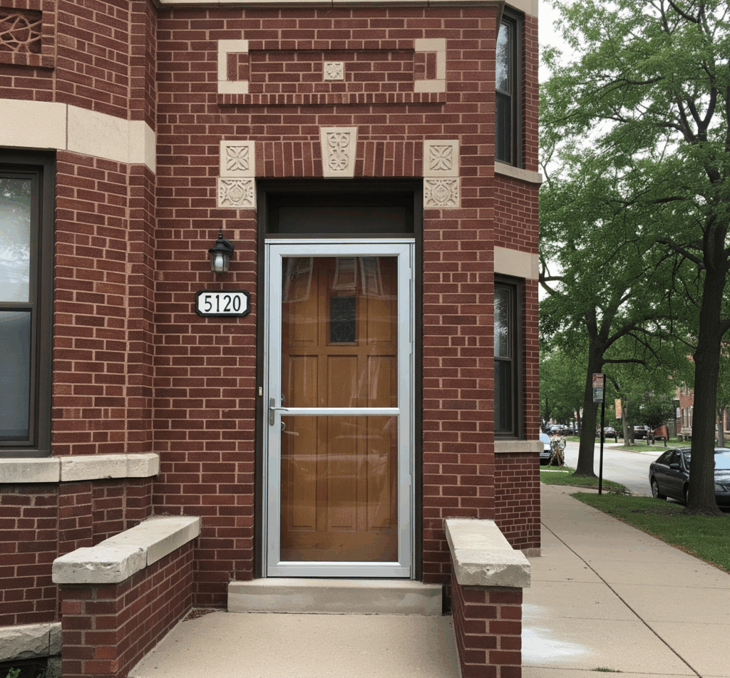 A residential Chicago home with a regular storm door by Midwest Windows, Siding & Doors