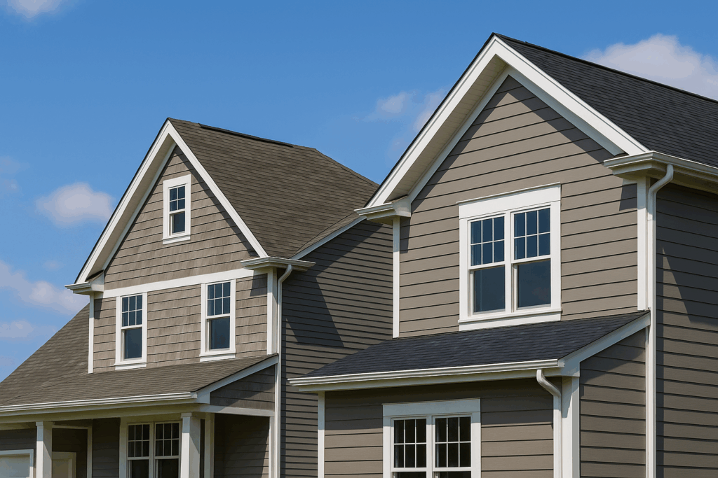 Two suburban Chicago homes with durable gray siding and white trim under a clear blue sky, showcasing modern, weather-resistant exteriors by Midwest Windows, Siding & Doors
