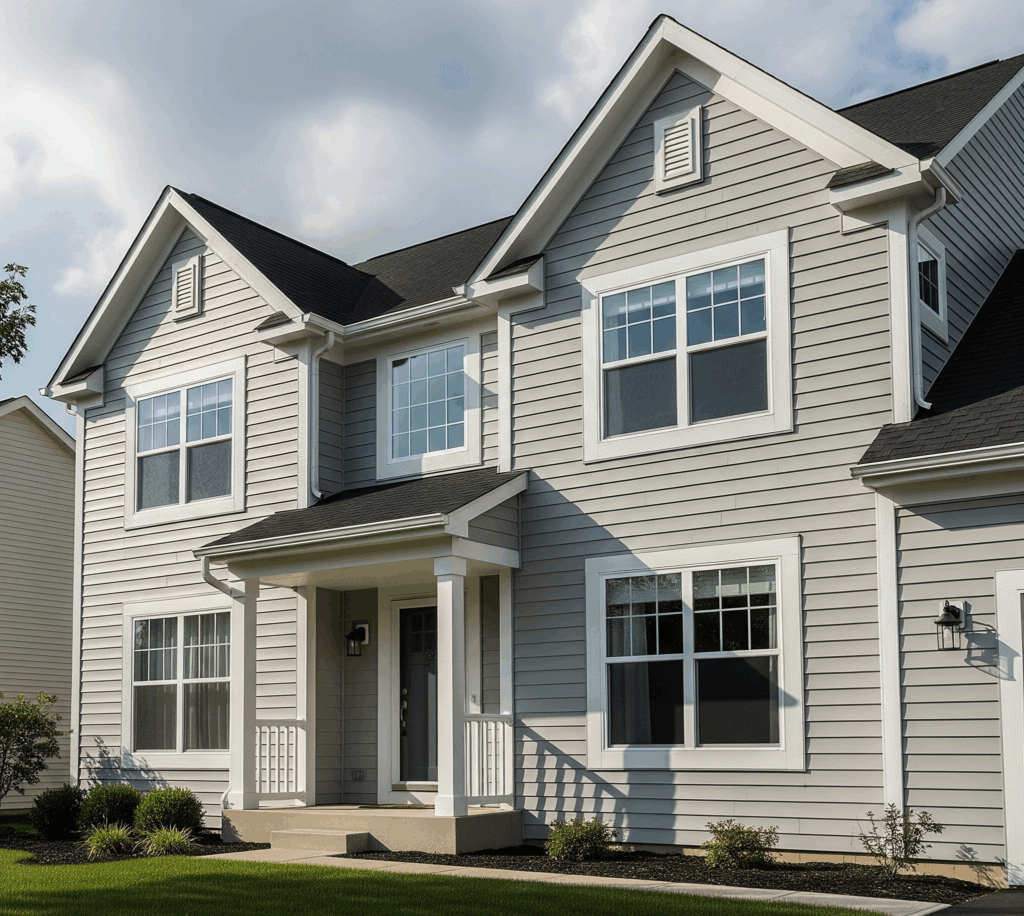 A two-story suburban Roselle, IL home with light gray siding, white trim, and a gabled roof by Midwest Windows, Siding & Doors