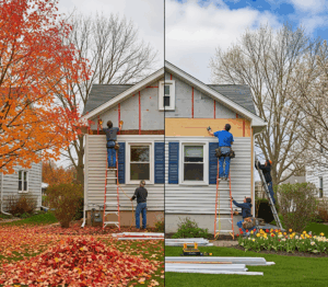 Split image: Siding replacement on a house in autumn (left) and spring (right), with workers on ladders.