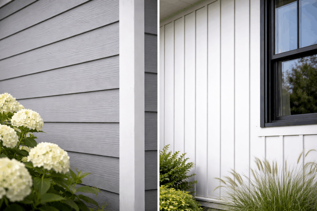 Close-up comparison of horizontal lap siding and vertical board-and-batten siding on Midwest homes, showing texture detail, clean trim lines, and modern exterior finish
