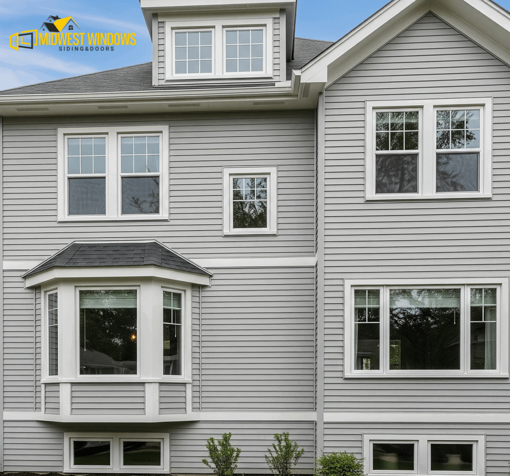 A two-story residential Chicago home with light gray siding and white-framed double-hung windows, including a prominent bay window by Midwest Windows, Siding & Doors