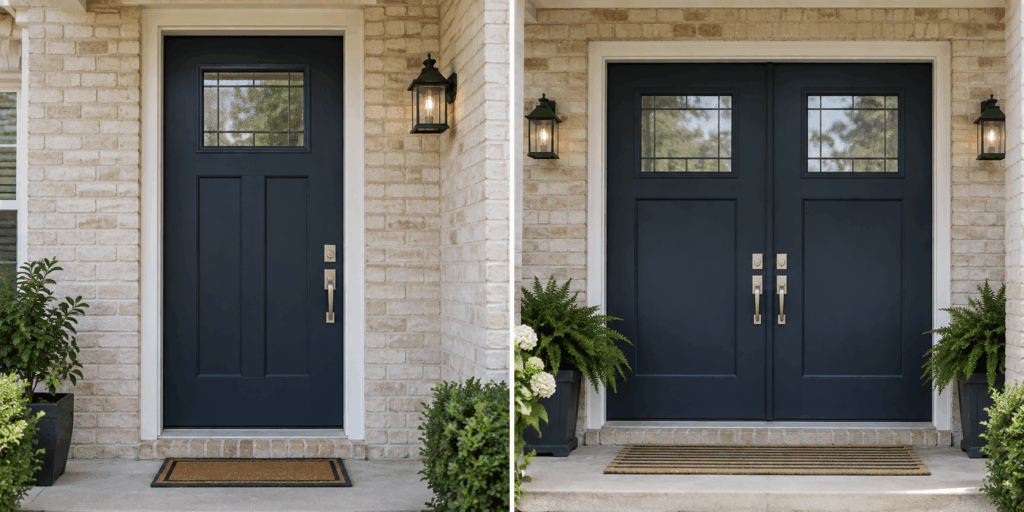 Side-by-side comparison of navy single and double entry doors with glass panels on brick homes.