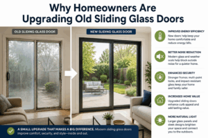Before-and-after infographic showing an old sliding glass door replaced with a modern sliding glass door, highlighting benefits like better energy efficiency, noise reduction, security, home value, and natural light.