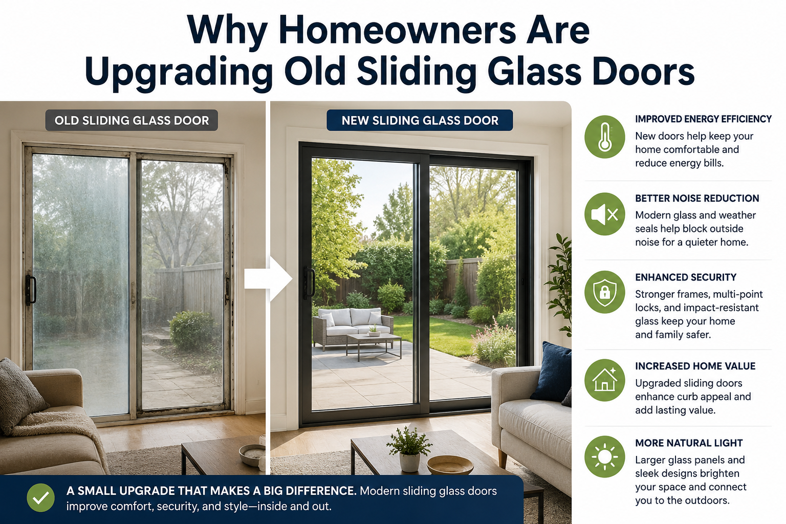 Before-and-after infographic showing an old sliding glass door replaced with a modern sliding glass door, highlighting benefits like better energy efficiency, noise reduction, security, home value, and natural light.