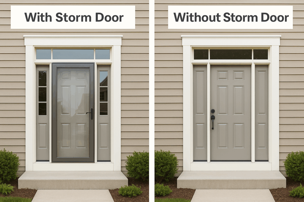 Comparison showing an entry door with a storm door next to an entry door without one by Midwest Windows, Siding & Doors
