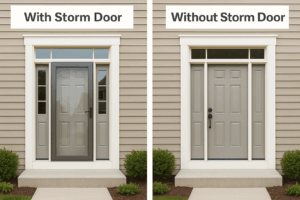 Comparison showing an entry door with a storm door next to an entry door without one by Midwest Windows, Siding & Doors