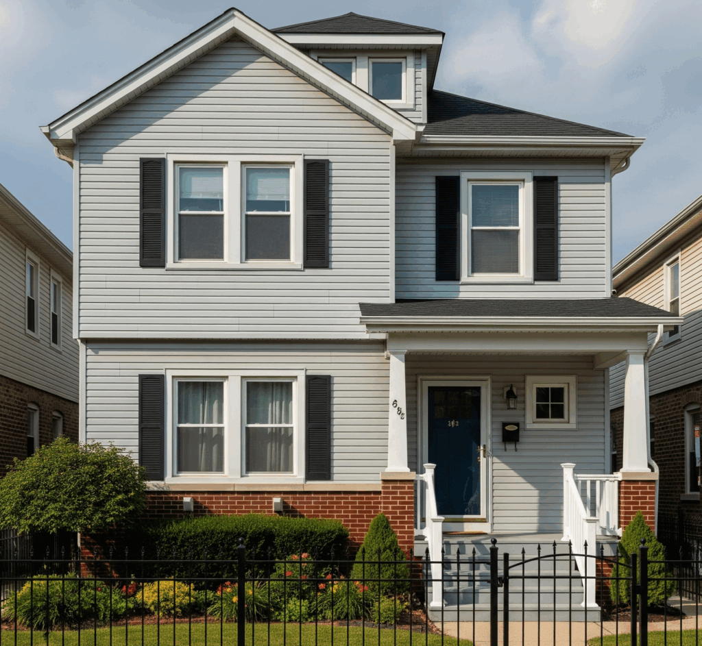 A two-story Chicago home with light gray vinyl siding by Midwest Windows, Siding & Doors