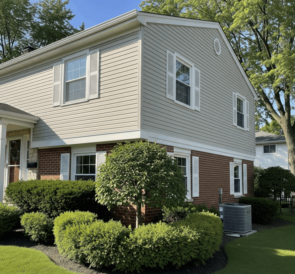 A two-story house features light gray vinyl siding on the upper level and red brick on the lower by Midwest Windows, Siding & Doors