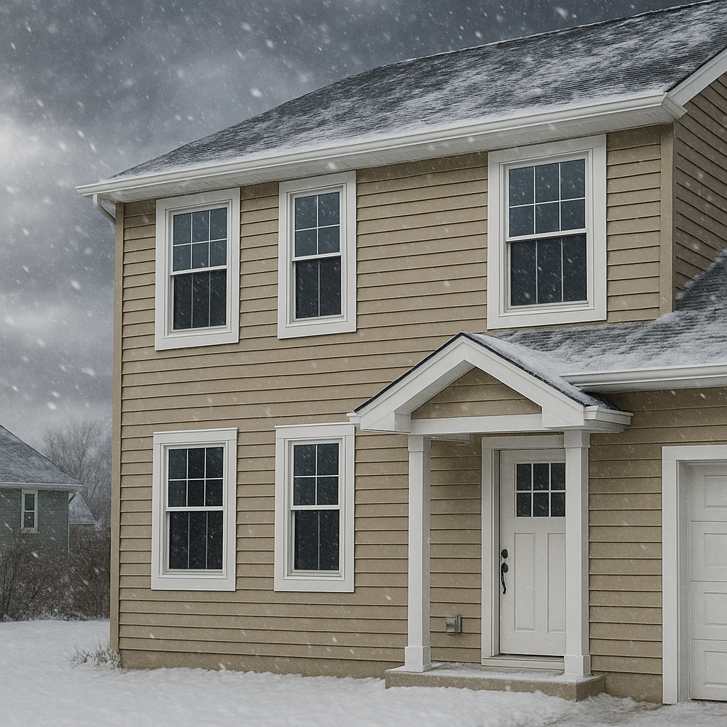 A beige suburban Chicago home with durable vinyl siding, shown during a winter snowstorm by Midwest Windows, Siding & Doors