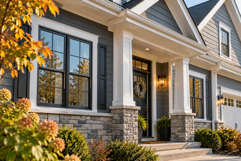 Close-up of a suburban home with blue-gray siding, white trim, black windows, and stone accents.