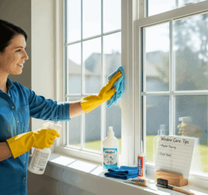 A woman wearing yellow gloves uses a cleaning spray and a microfiber cloth to clean a new white-framed window.