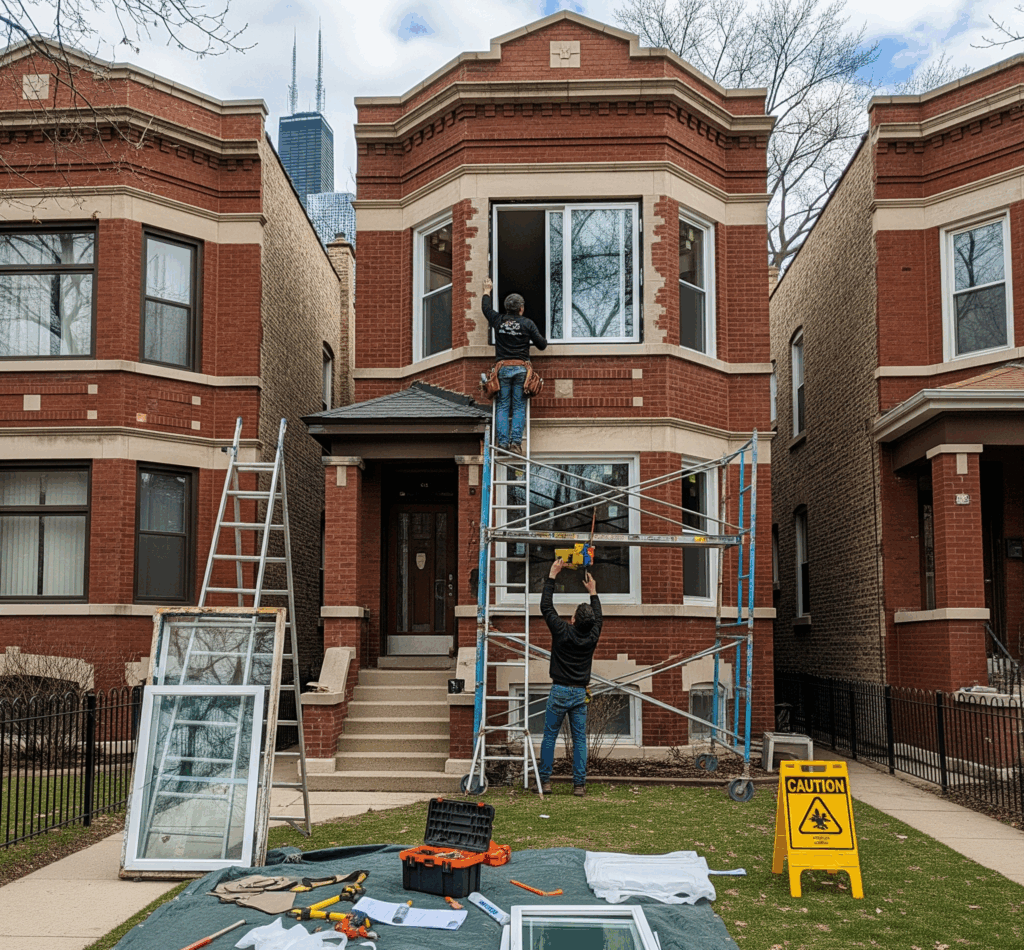 An image showing two construction workers installing a new window on a two-story brick home in Chicago. Scaffolding, a ladder, and tools on a tarp are in the foreground by Midwest Windows, Siding & Doors